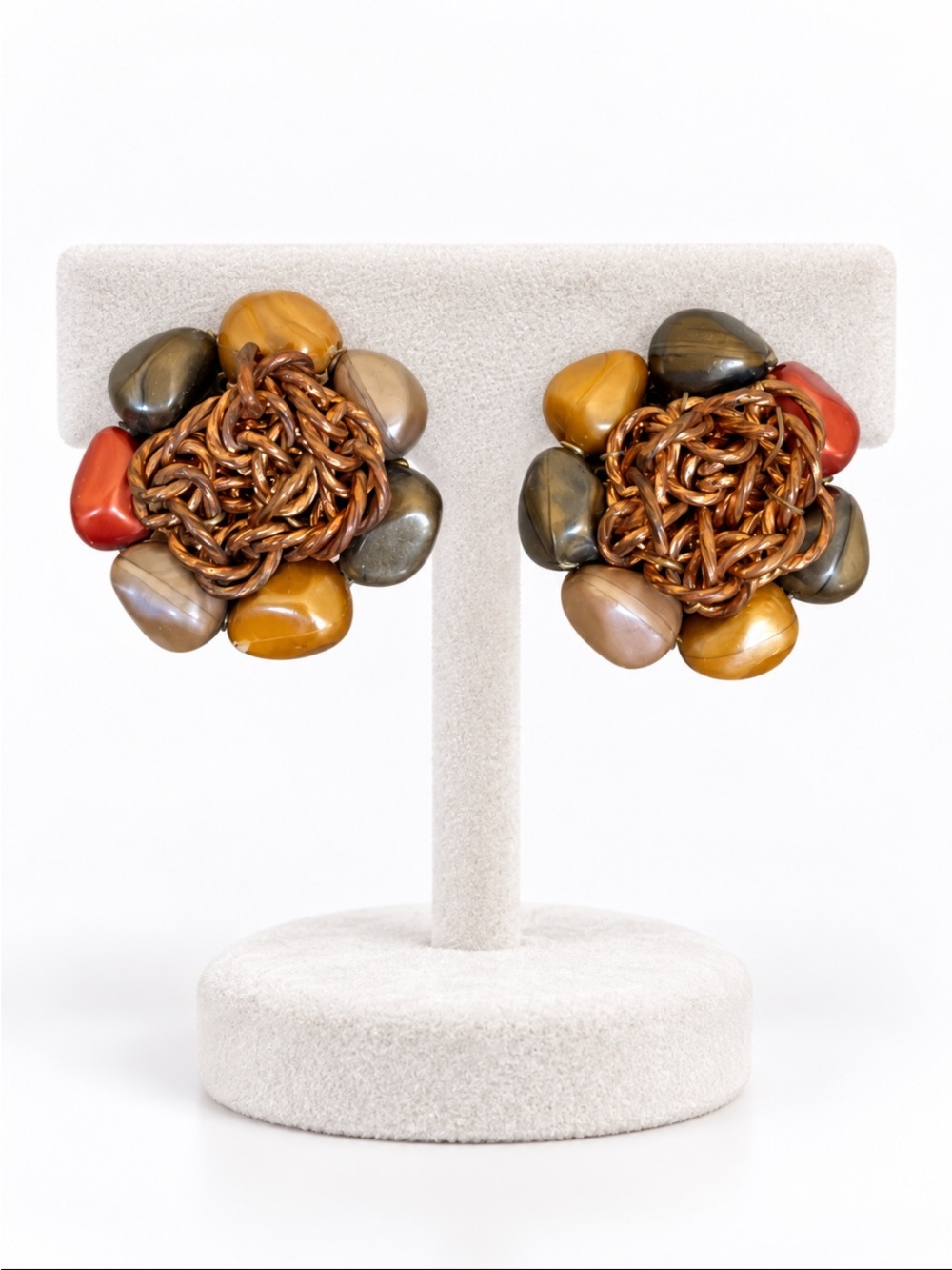 Earth Tone Beaded Flower Copper Tone Clip-On Statement Earrings